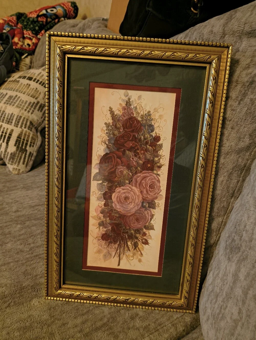 Vintage Gold Framed Floral Wall Art - Pink Rose Bouquet
